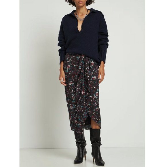 ISABEL MARANT ÉTOILE Berthe Floral Satin Midi-skirt In Nero Sz FR42/US10